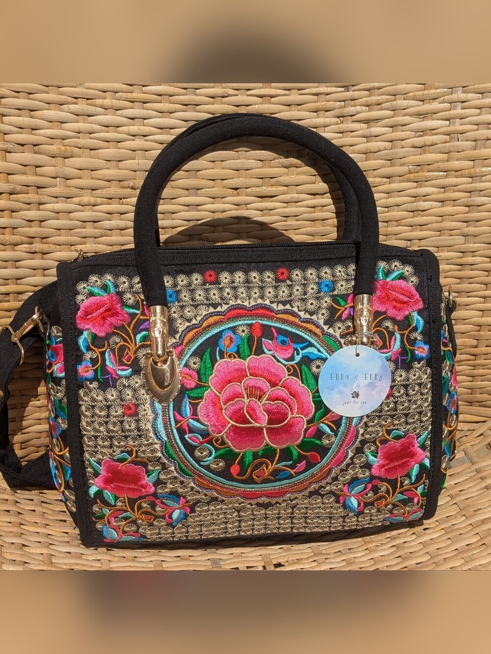 Ella & Elly Floral Hand Bag w Linked Shoulder Strap Option